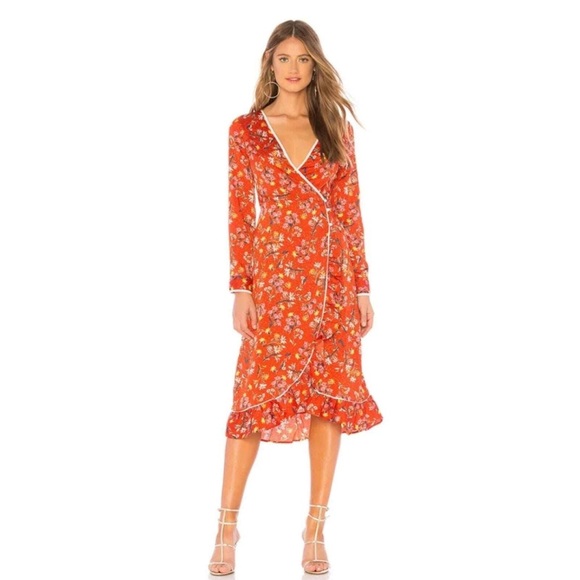 Free People Dresses & Skirts - Free People covent garden floral wrap Vibrant Orange Floral Midi Dress
